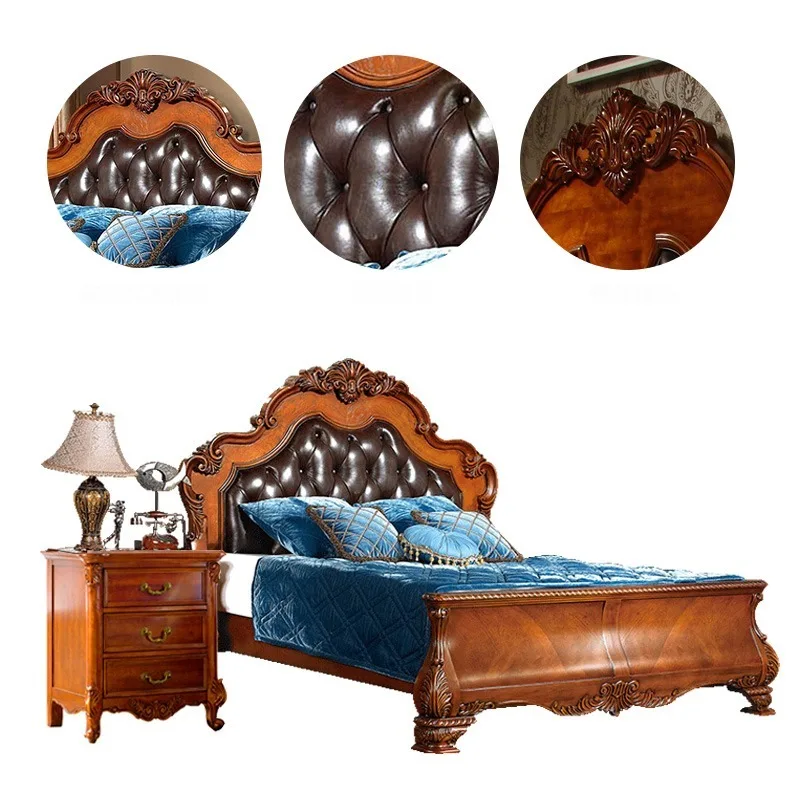 Wholesale European Royal Style Solid Wood Frame Bed Set Genuine Leather with Strong Durable Quality for Home Villa or Hotel Use