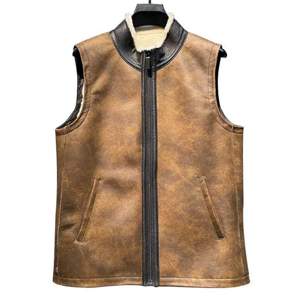 

Denny&Dora Men's Shearling Vest - Brown Sheepskin Shearling Vest, Winter Men's Vest