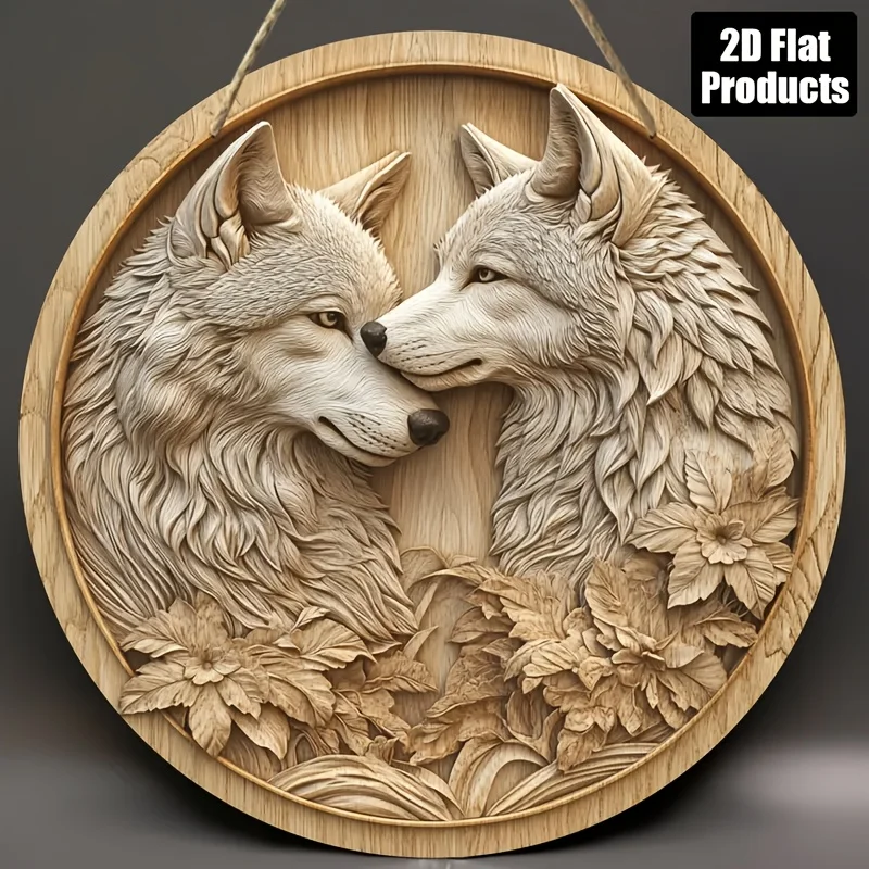 2D Flat - 2D FLAT Pendants, DROPS Finials Suitable All Four Seasons, 2D Flat, Round Wooden Decorative Sign, Wolf Theme, Suitable