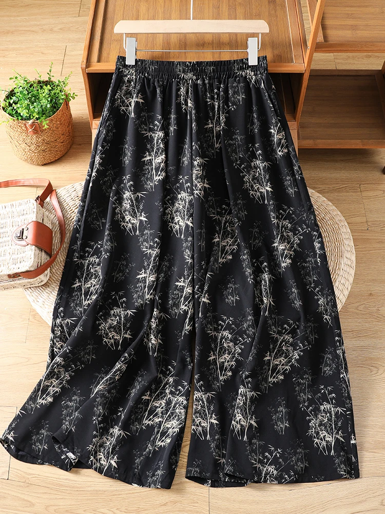

High Waist Wide Leg Floral Print Loose Casual Pants Summer New Style plus Size Women's Elastic Waist Loose Fit Nine Points