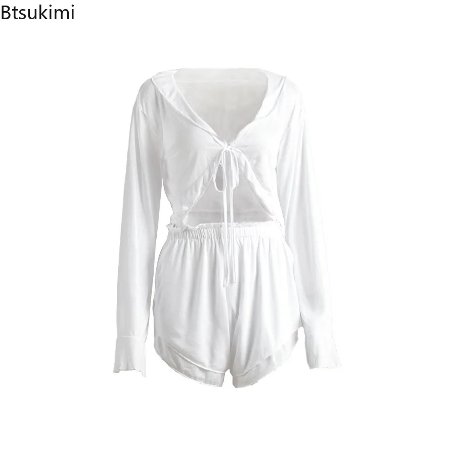 2025 Women's Lace Up Cardigan Shorts Pajama Set Summer Knitted Sexy Solid Color Short Top Pajamas Casual Home Clothes for Women