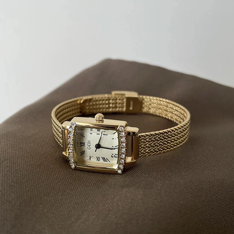 Fashion Women Quartz Watch Luxury Diamond Classic Square Gold Watches Metal Mesh Band Orologio Reloj Ladies Rectangle Wristwatch