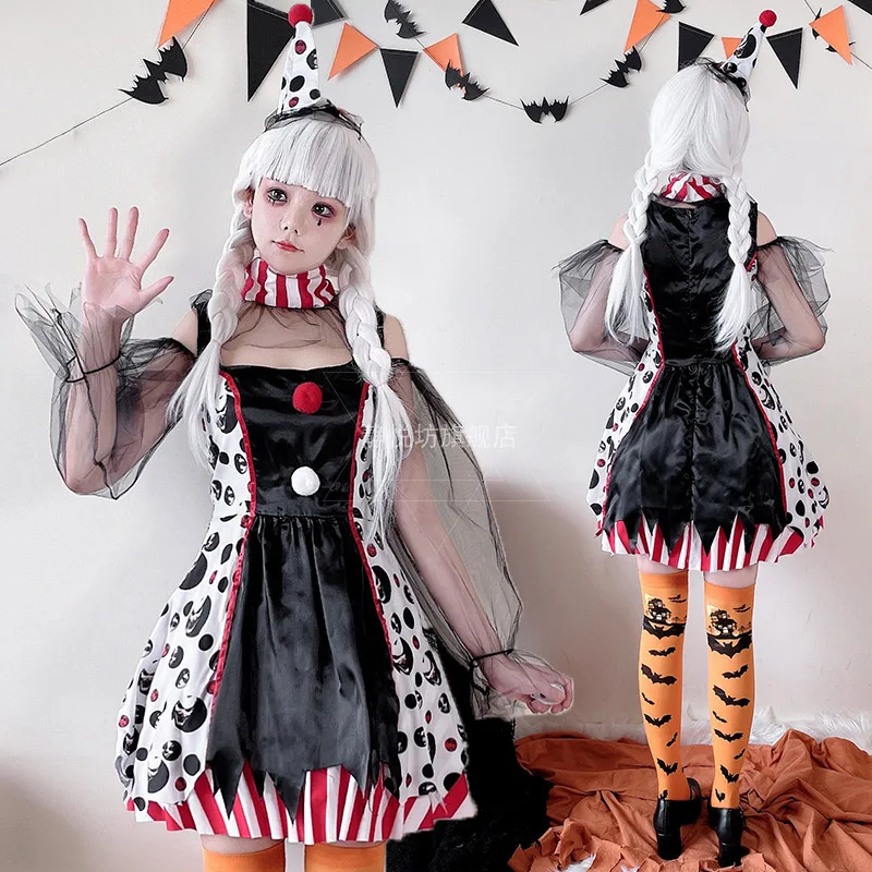 Halloween Costume for Women Clown Witch Cosplay Anime Devil Mesh Dress Circus Disfraz Vestisos 3 Piece Set Y2k Female