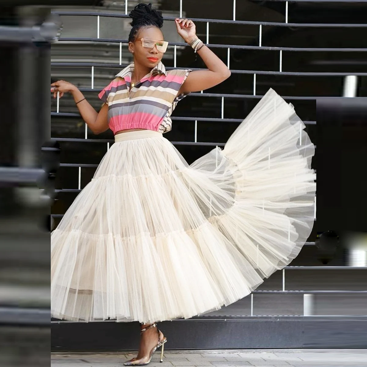 

Charming Ivory Tulle Long Skirt Elastic Waist A Line Mid-Calf Women Skirt Girls Birthday Party Formal Wear