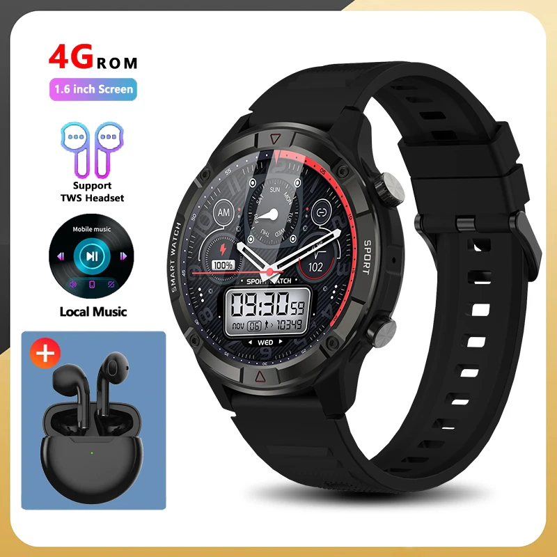 1.6-inch HD 4G ROM Storage Smartwatch Support TWS Earphones Bluetooth Call Outdoor Sports Fitness Monitor Weather Smart Watch