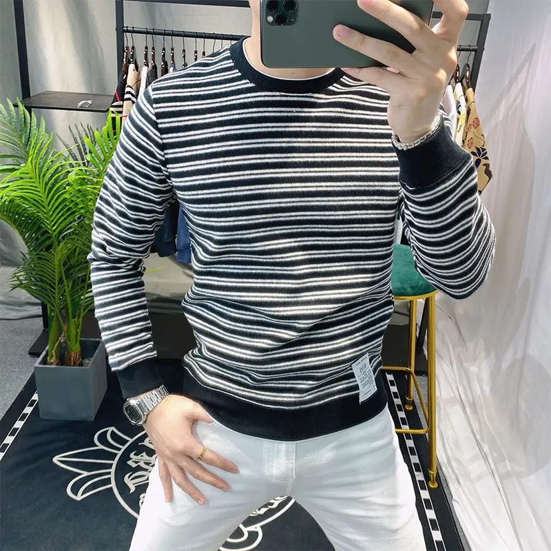 Casual Male Clothes Round Neck Striped Trend Sweatshirts Autumn Winter New Fashion All-match Patchwork Long Sleeve for Men