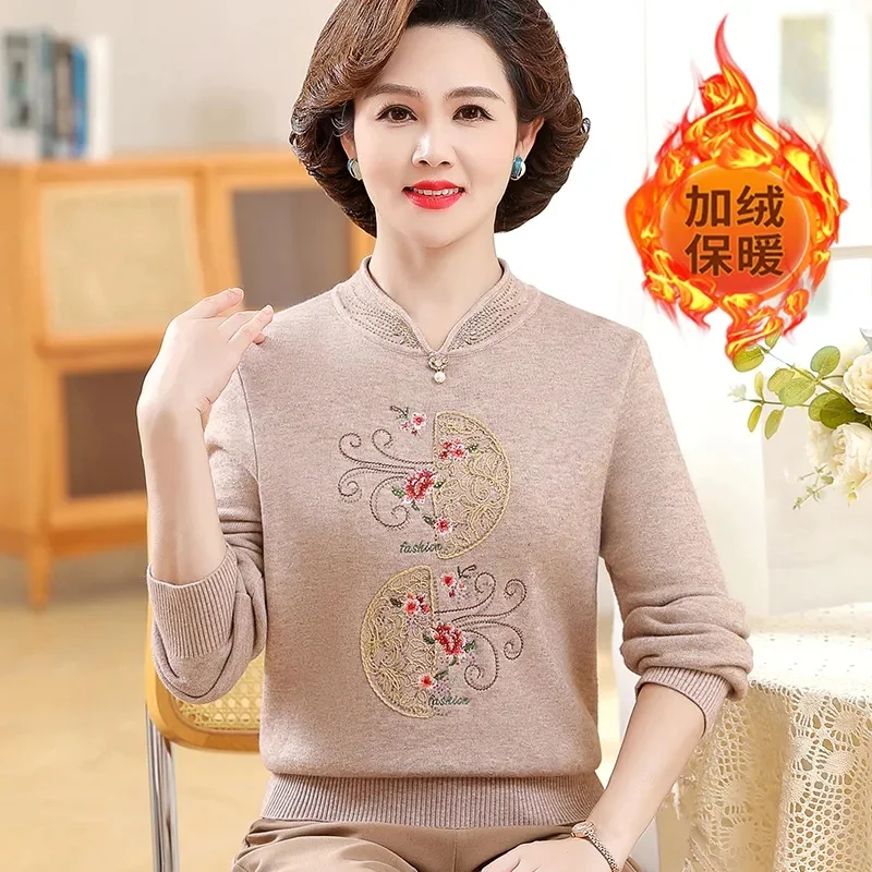 Female Sweaters Pullover Autumn Winter Integrated Velvet Thicke Knit Top Mothers Clothes Bottom Sweater Middle-aged Women Tops