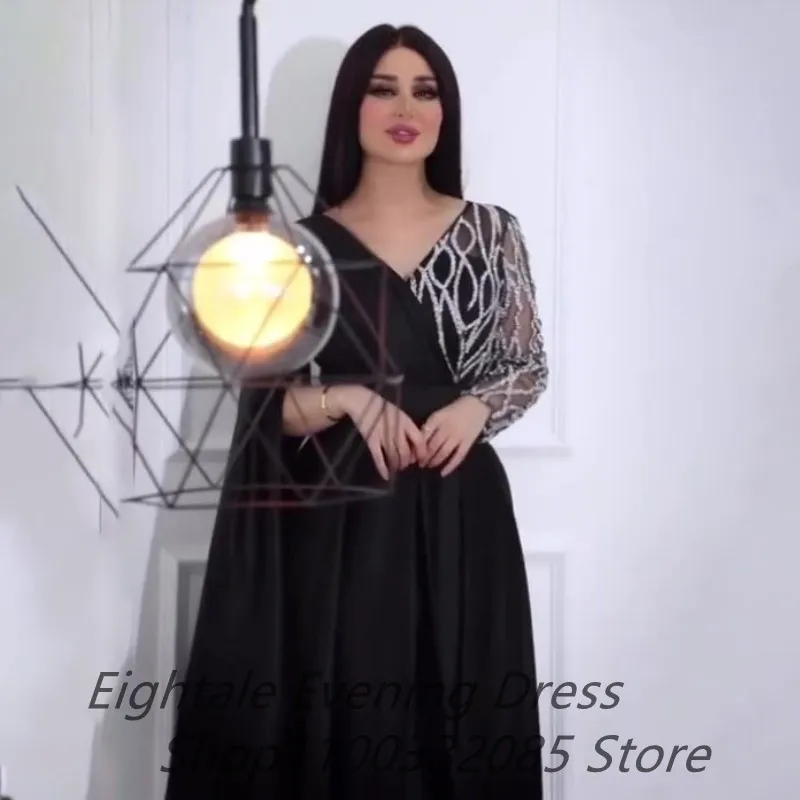 Eightale Tea Length Black A Line Satin Arabic Evening Dress 2022 Lace Sequined Dubai Women Formal Kaftan Party Gown