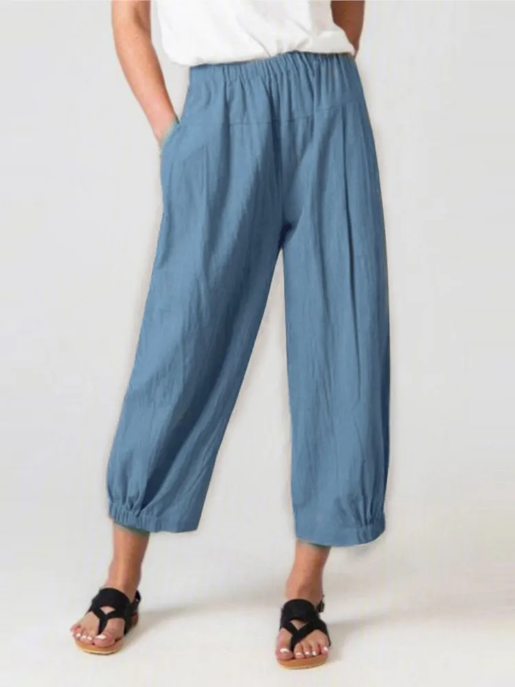 

New Women Cotton Linen Loose Pants Spring Autumn Elastic Waist Pants Lady Casual Baggy Cropped Pants Thin Beach Wide Leg Pant