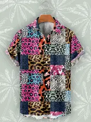 Camisa hawaiana de playa con retazos de leopardo para Hombre, camisas de manga corta de gran tamaño, estilo callejero, Ropa informal, moda de verano, 2023