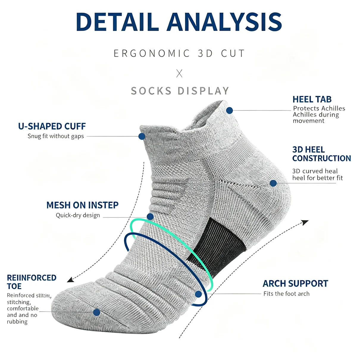1/3/6 Paar Herren Sportsocken aus Strickfrottee, geruchshemmend, schweißabsorbierend, atmungsaktiv, strapazierfähig, mit Dämpfung, für Laufen und Basketball – Detail 3
