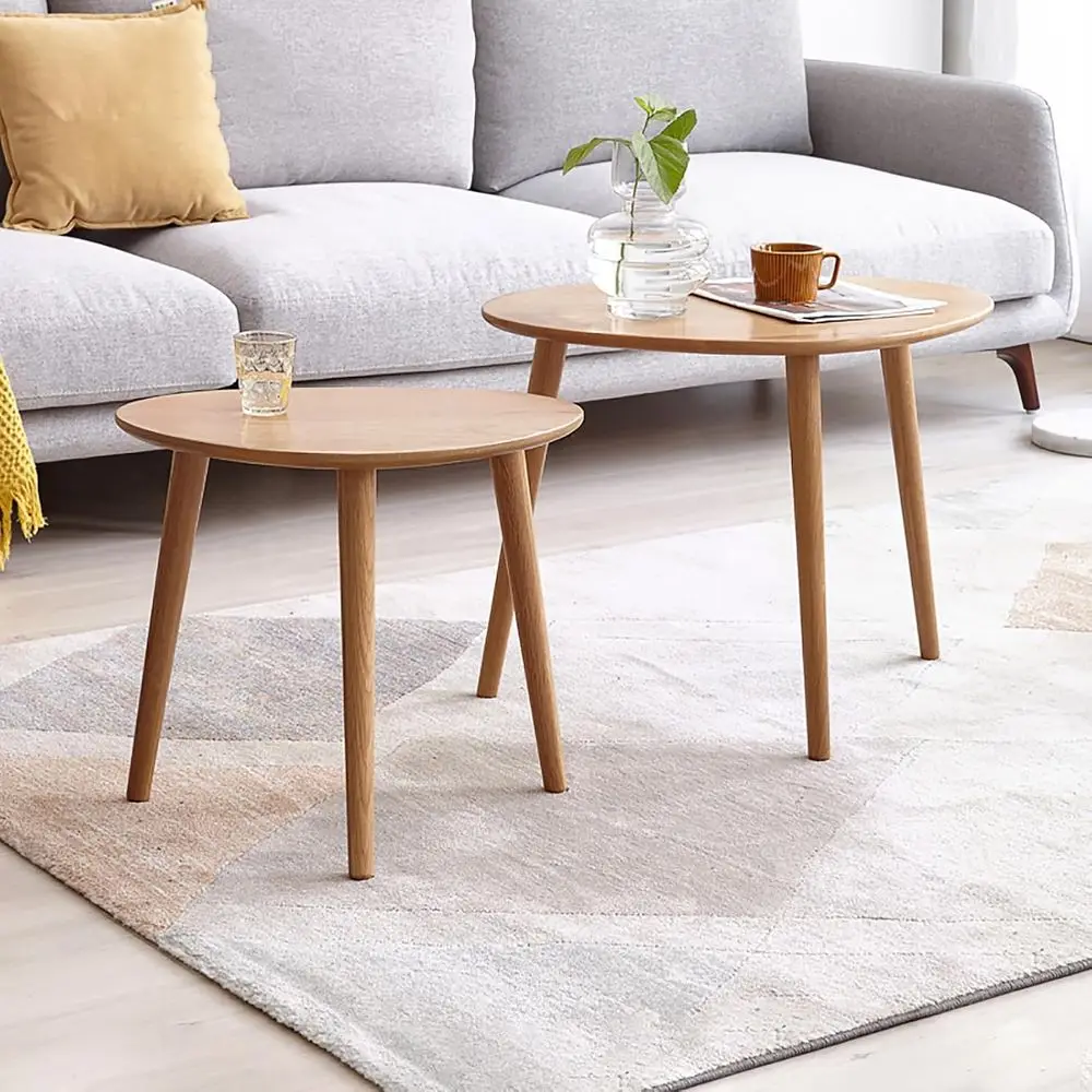 

100% Solid Oak Wood Nesting Coee Table, Small Oval Coee Tables Set, Century ern Round Tables or Living Room, Pebble Side Table o