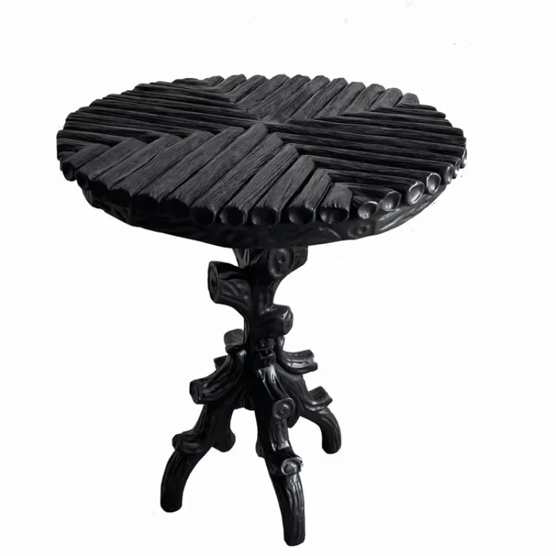 Vintage Round Black Wood Side Table Modern Home or Villa Hand Carved Living Room Bedroom