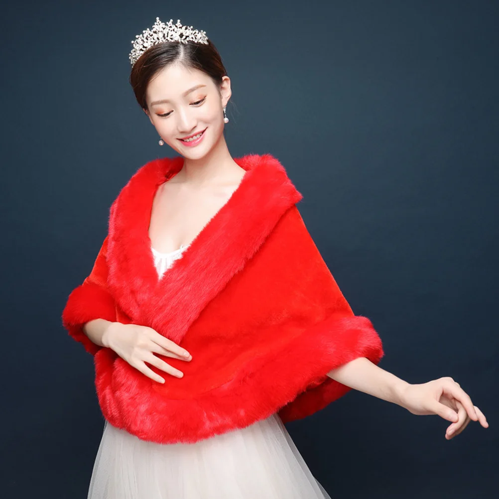 شال زفاف كابا شتوي دافئ للنساء لحفلات الزفاف فستان أنيق إكسسوار كتف عصري باللون الأحمر
