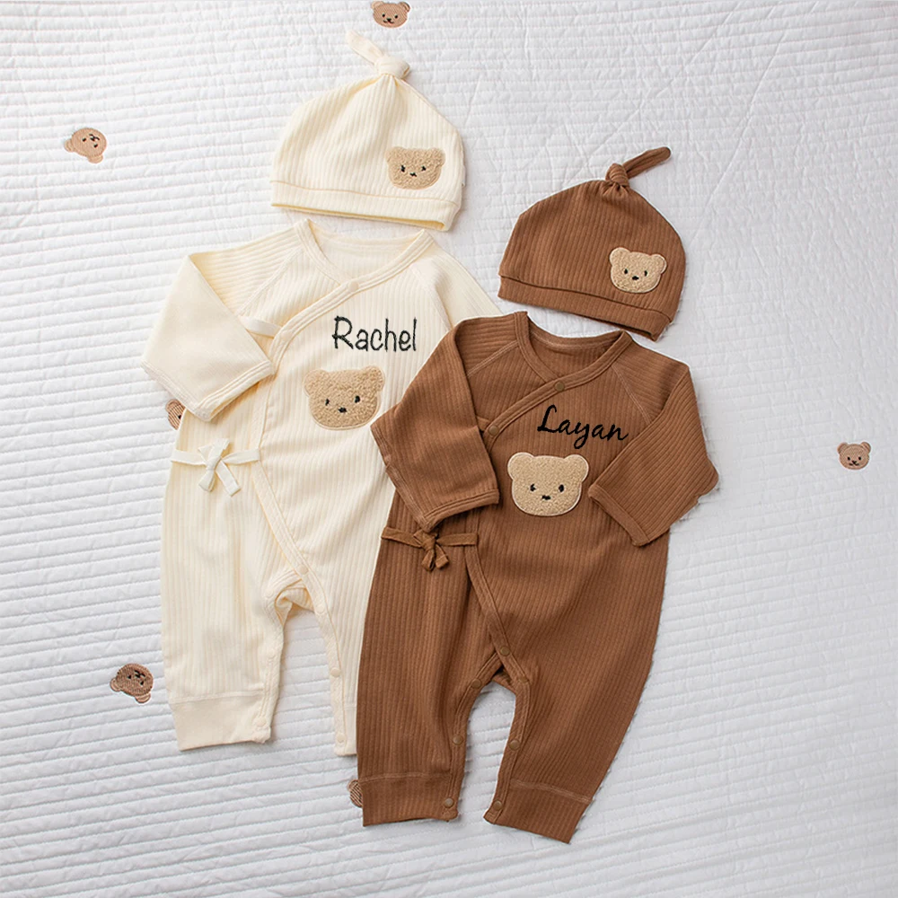 Ropa personalizada para niños y niñas, monos suaves de manga larga con nombres personalizados, oso de peluche bordado, pijamas de fondo para recién