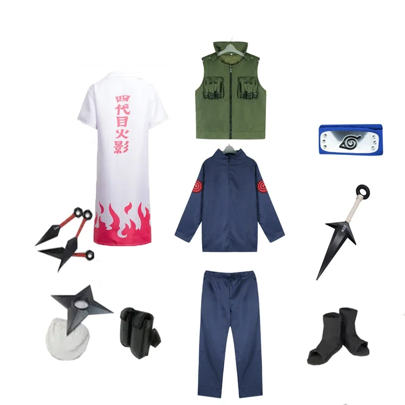 Brdwn Konoha Hokage Namikaze Minato Cosplay Costume Full set (suit vest cloak Headband Shoes Kunai bag shuriken)