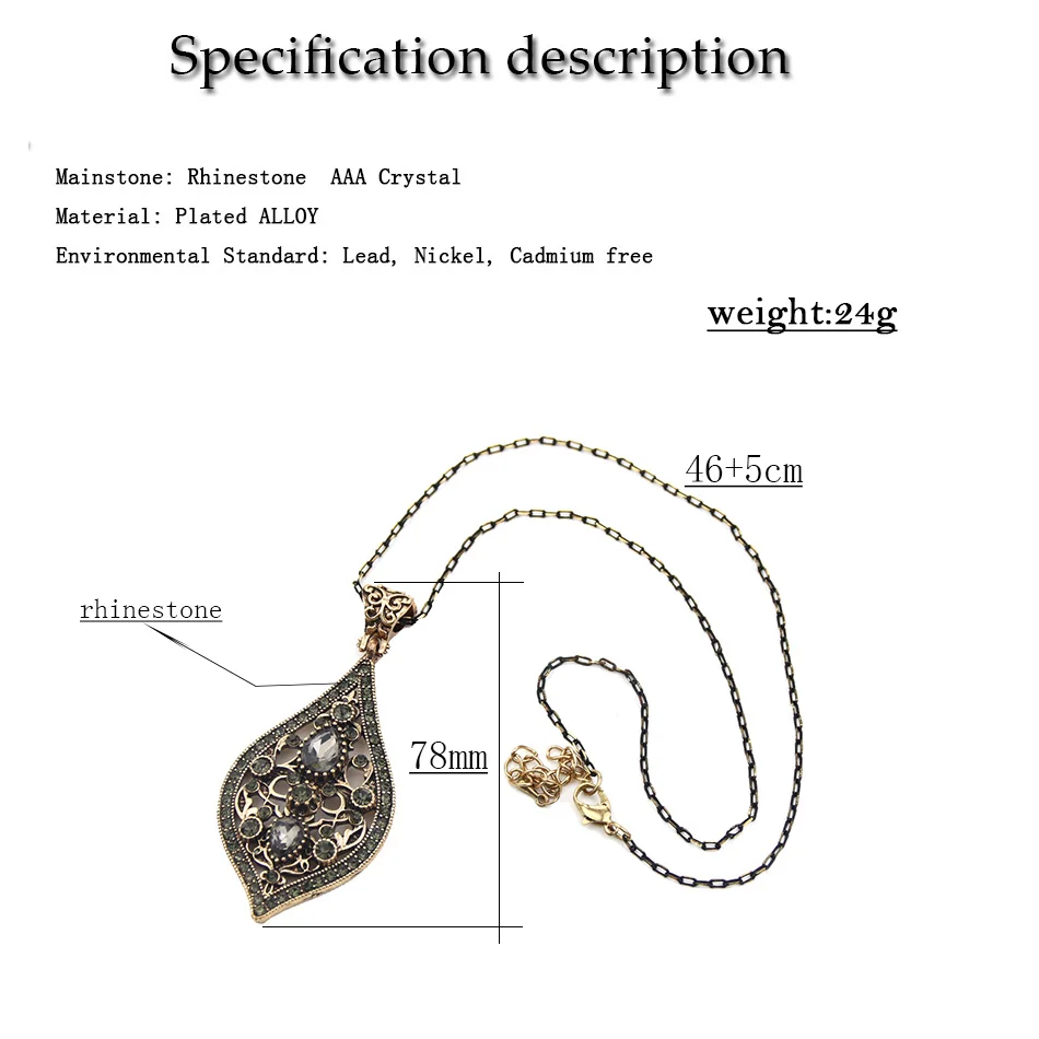 Sunspicems Unique Gray Crystal Pendant Necklace For Women Antique Gold Color Vintage Jewelry Party Accessories Luxury Gifts