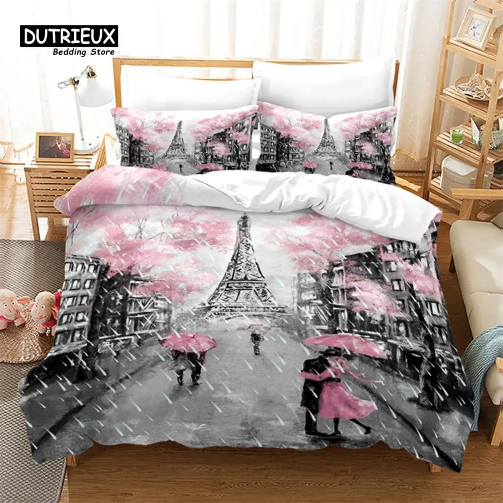 3D Paris Bedding Set Eiffel Tower Duvet Cover Set Romantic Couple With Umbrellas In The Street Comforter Cover With Pillowcases