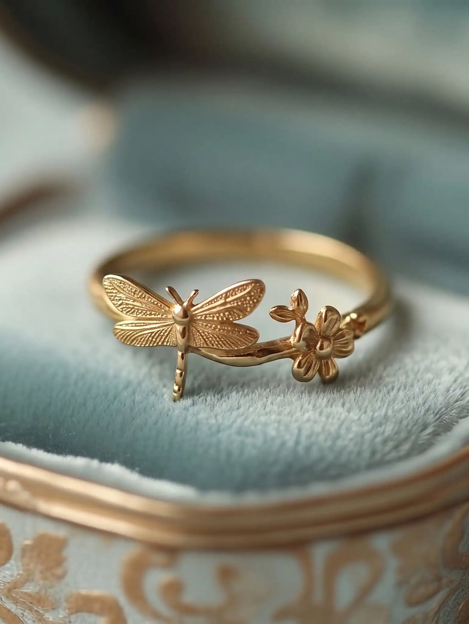 1pc Flower & Dragonfly Geometric Ring, Gold Tone Metal, Daily Wear & Party, Size 6-10 For Women SJ25042870141032727