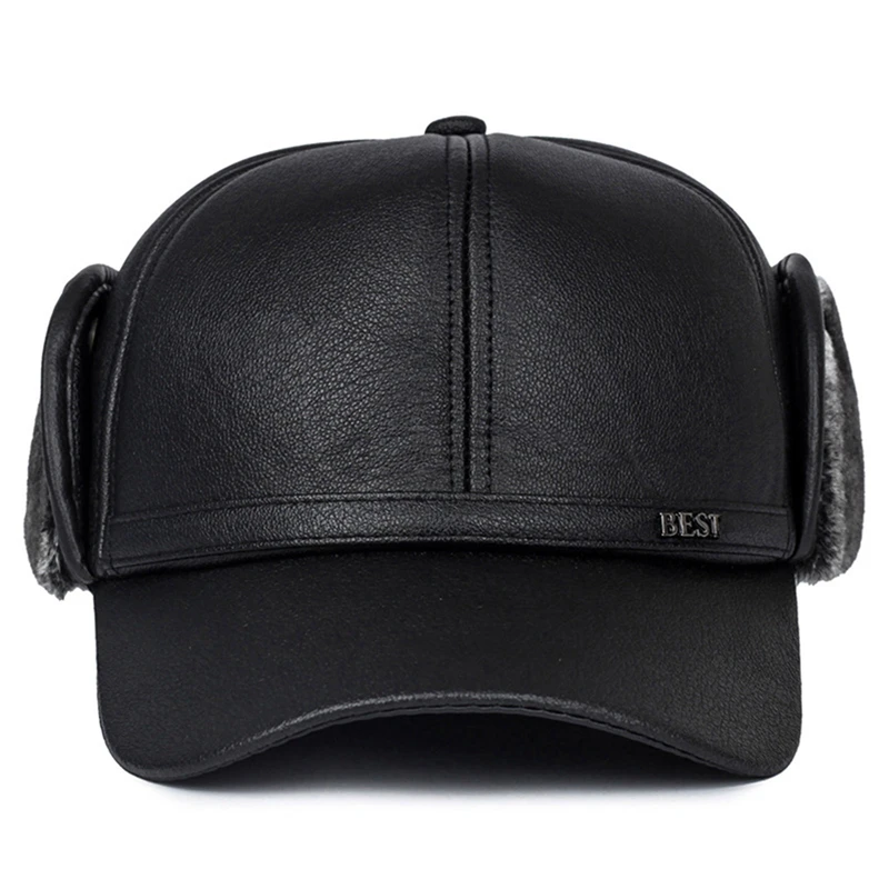 Winter Leather Bomber Hats Men Plush Snapback Hat Father Fishing Casquette with Earflaps Thicken Fur Warm Visors Caps Black