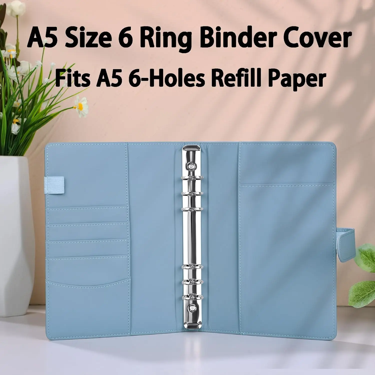 A5 Size PU Leather Binder Budget Wallet 6-Ring Refillable Notebook Cover, Personal Planner Binder with Magnetic Buckle Closure