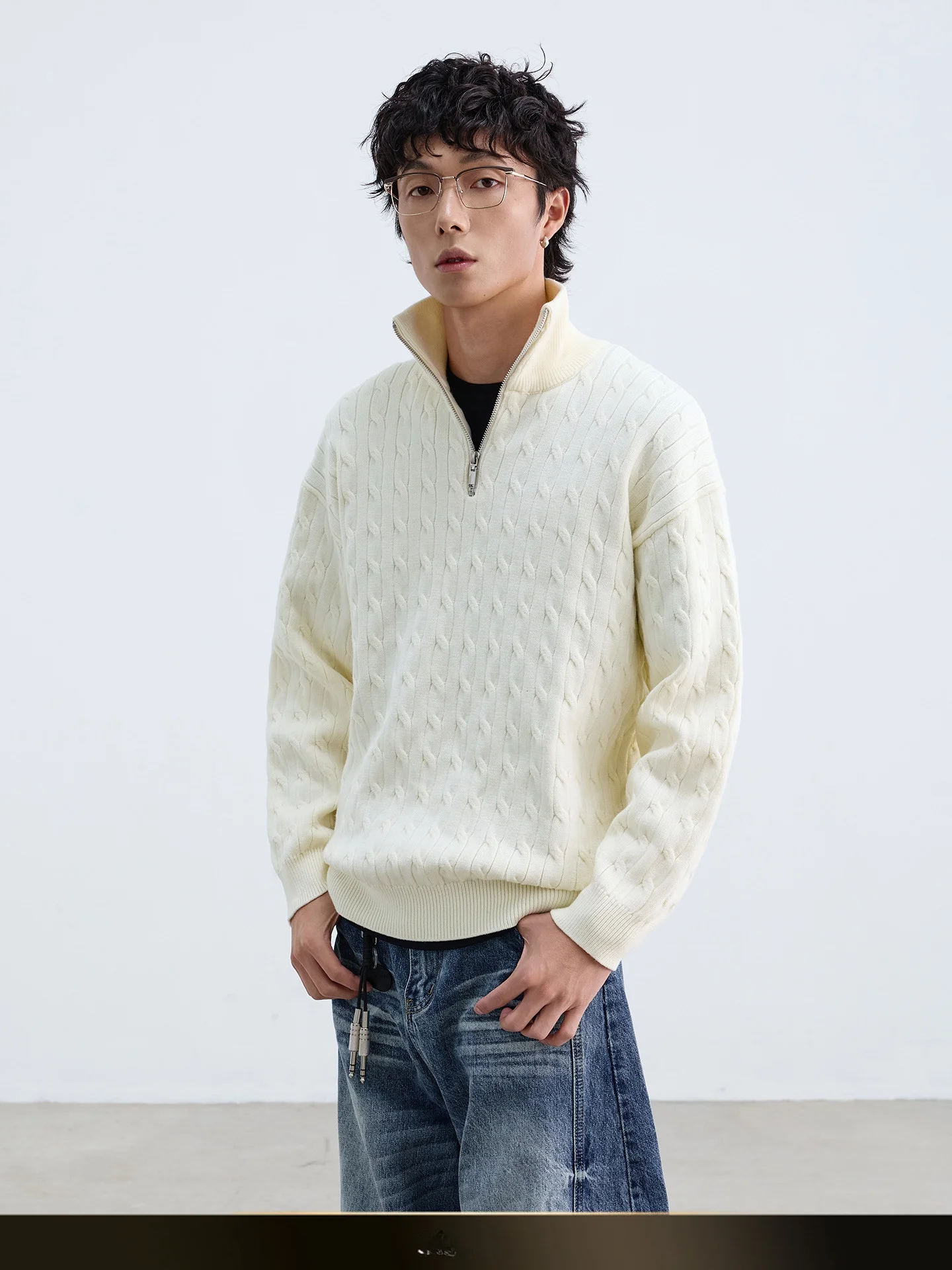 

Nted American Retro f Zip Stand Collar Knitwear Men's Simple ort Casual Overhead Sweater Autumn Warm Faionable