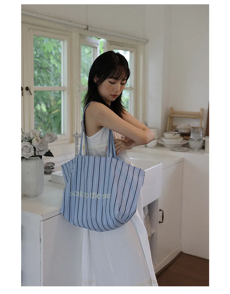 2024 Fashion Stripe Handbag Letter Printing Cotton Single Shoulder Bag Casual Extra Large Capacity Handheld Shopping Bag