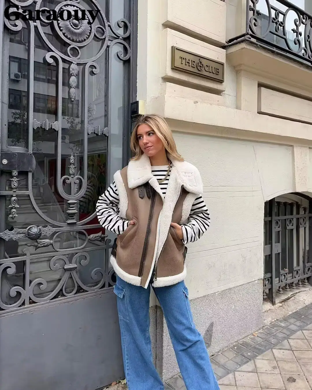 Garaouy 2023 Autumn Women\'s Faux Leather Sleeveless Coat Female Stand Collar Warm Vest Imitation Fur Lamb Wool Jacket Outwear