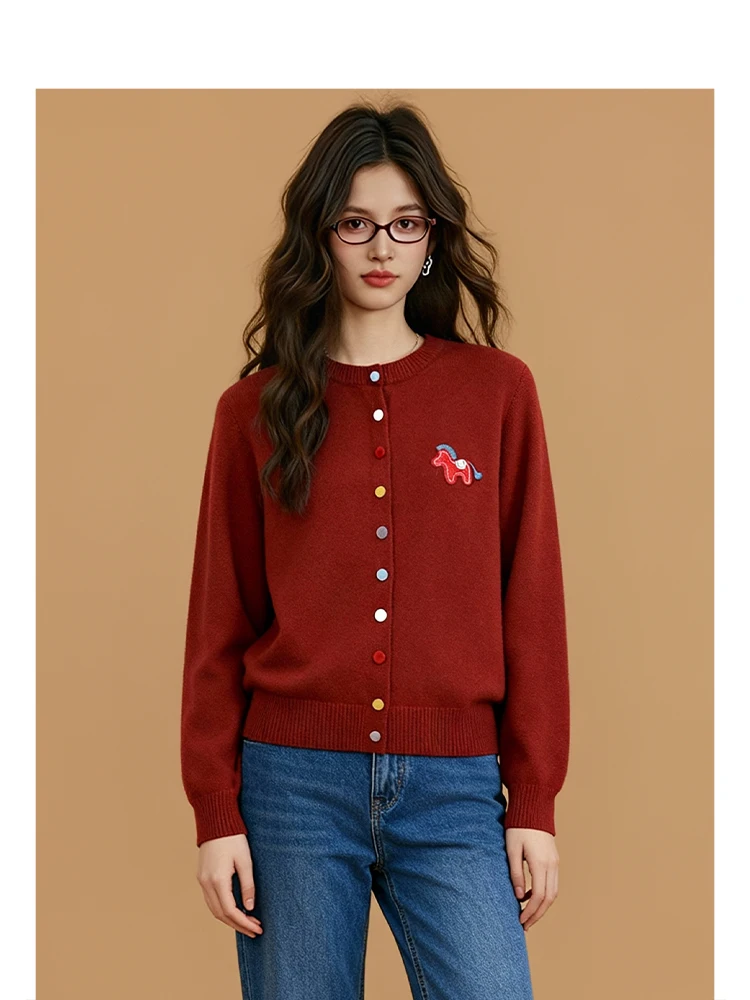 Cardigã Aberto de Tricô Vermelho Bordado Forever 21 para o Natal, Suéter Solto de Gola Redonda Feminino, Casaco de Ano Novo, Estilo Casual