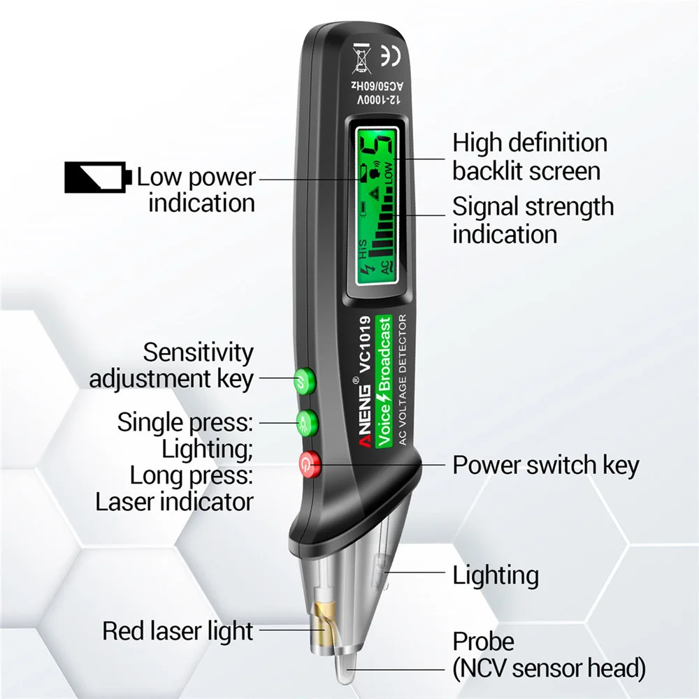 VC1019 12V-1000V Volt Corrente Senza Contatto Infrarood Sensore Pen Elettrico Teste Meter Strumento Intelligente Voice Broadcast Tester Pen