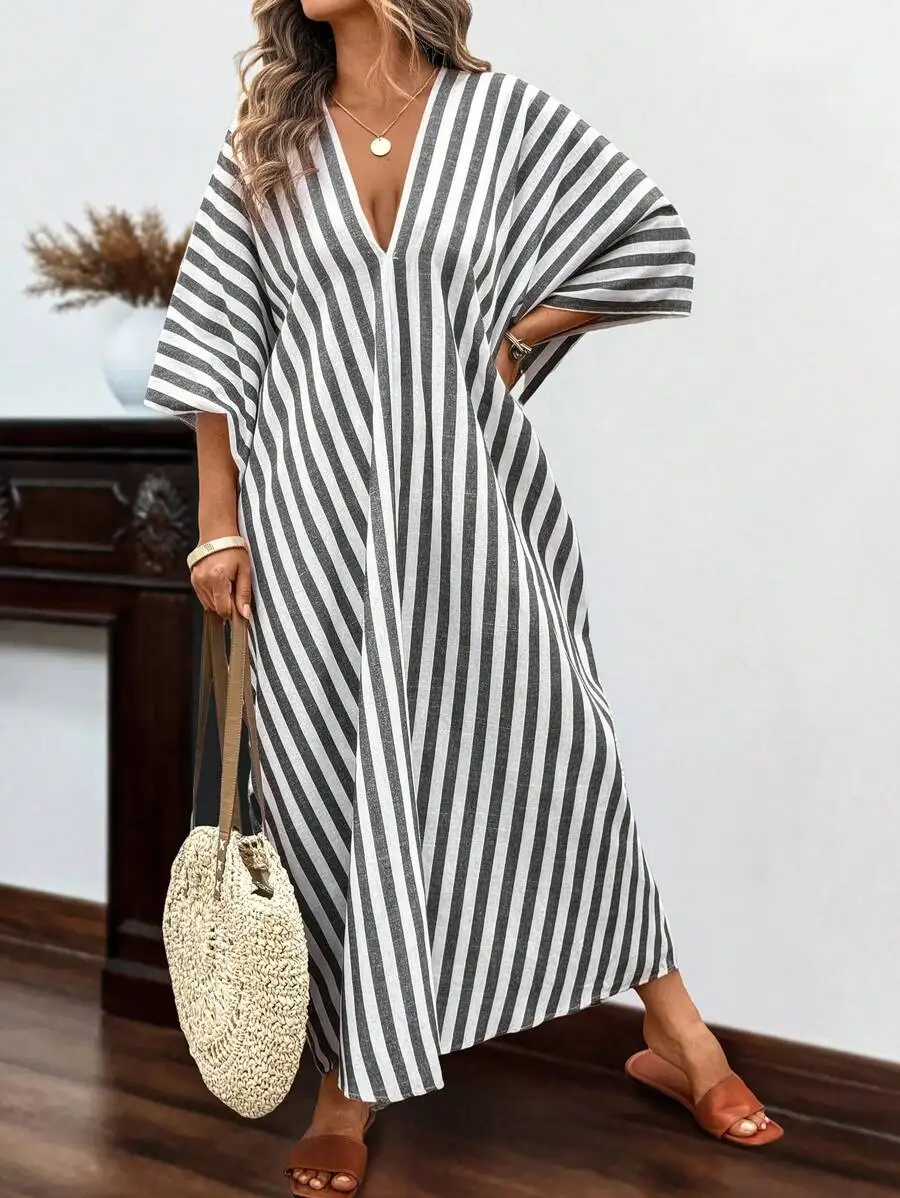 

Loose Striped Linen V-Neck Maxi Dress with Batwing Sleeves for Beach or Casual Wear