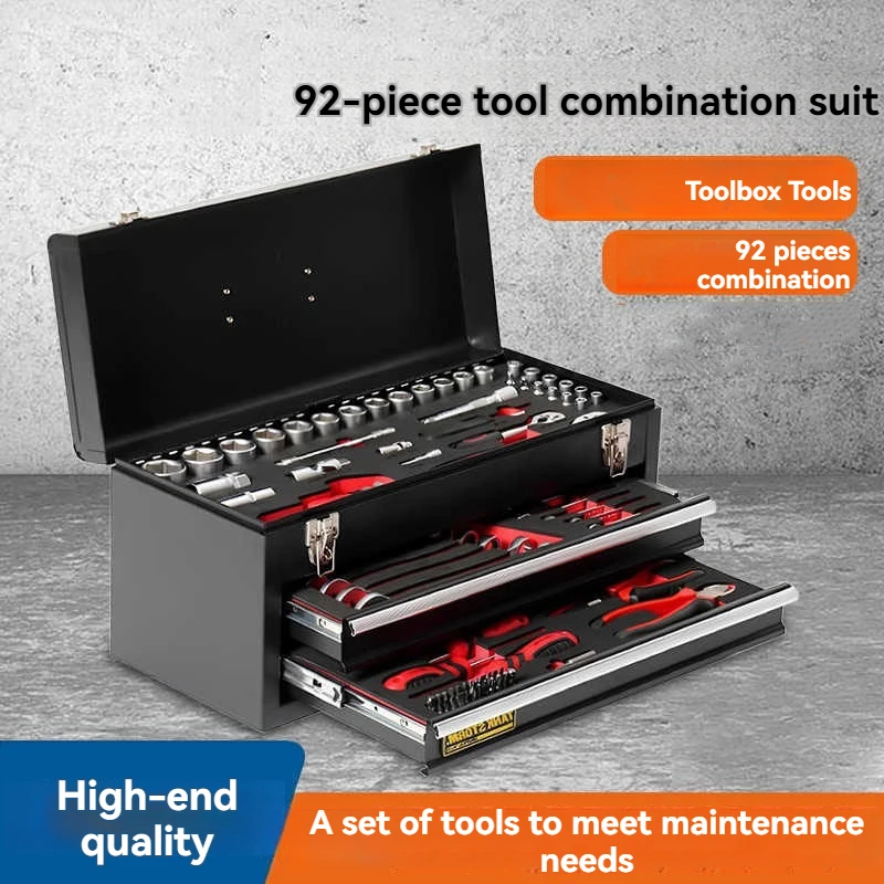 92-Piece Mechanics Tool Set General Household Home Repair Tool Kit with 2-Drawer Heavy Duty Metal Box Hand Tool Kit Set 1 Pack