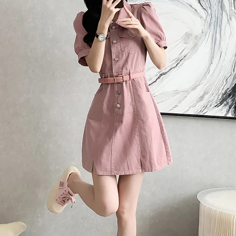 EVNISI Women Elegant Short Sleeve Denim Dress With Belt Polo Collar High Wais Slim Office A-line Dresses Women Summer Vestido