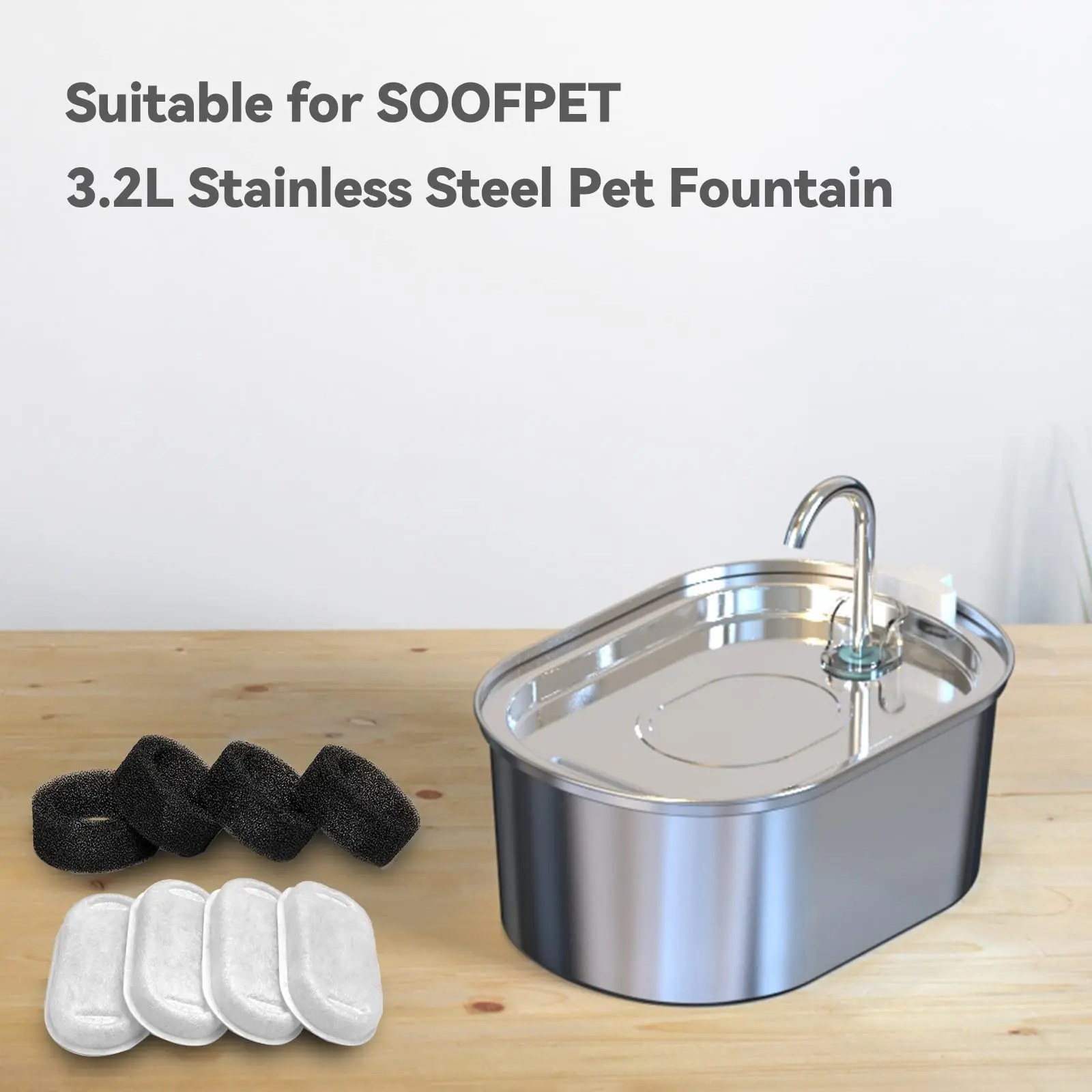 Cat water foundation 108oz/3.2L stainless steel cat drinking fountain 4 carbon filters+4 foam filters replaceable filters