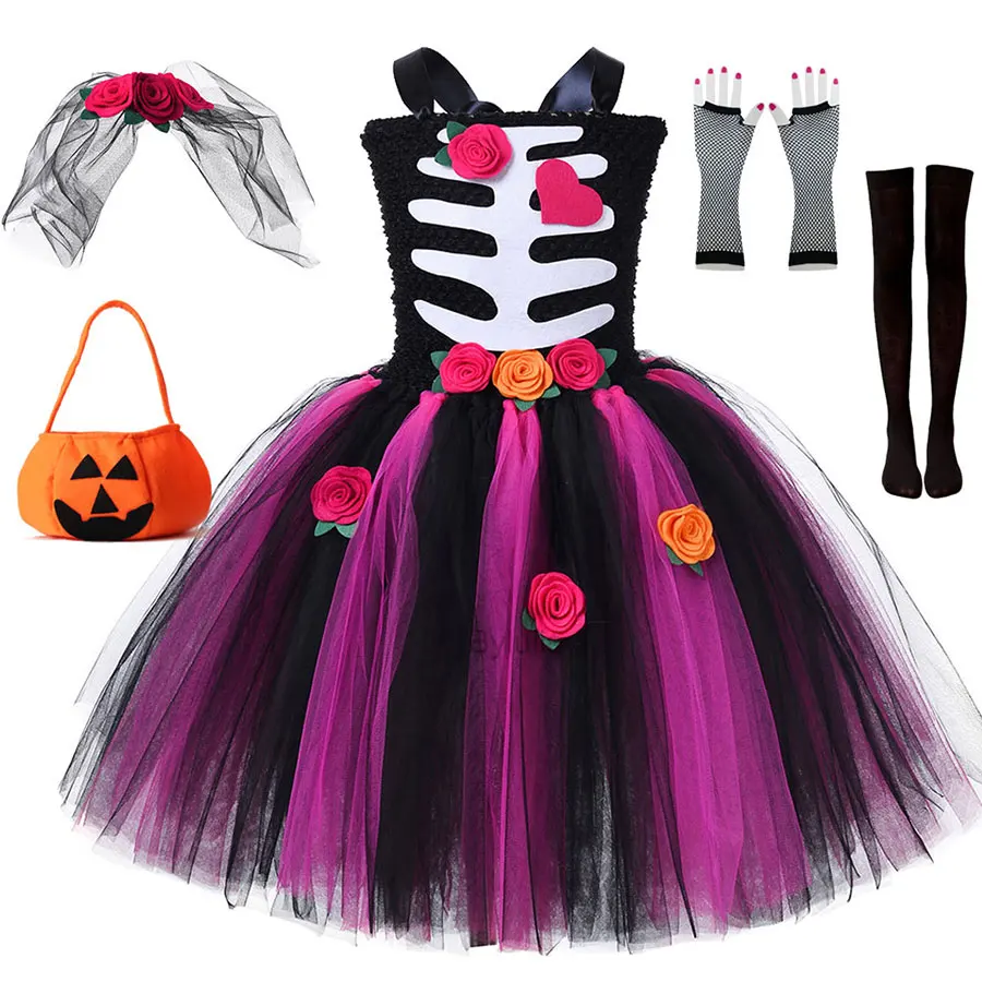 Disfraz de Esqueleto de Novia para Niñas, Vestido de Esqueleto de Novia, Disfraz de Esqueleto Funky Punky para Niñas, Ropa de Halloween