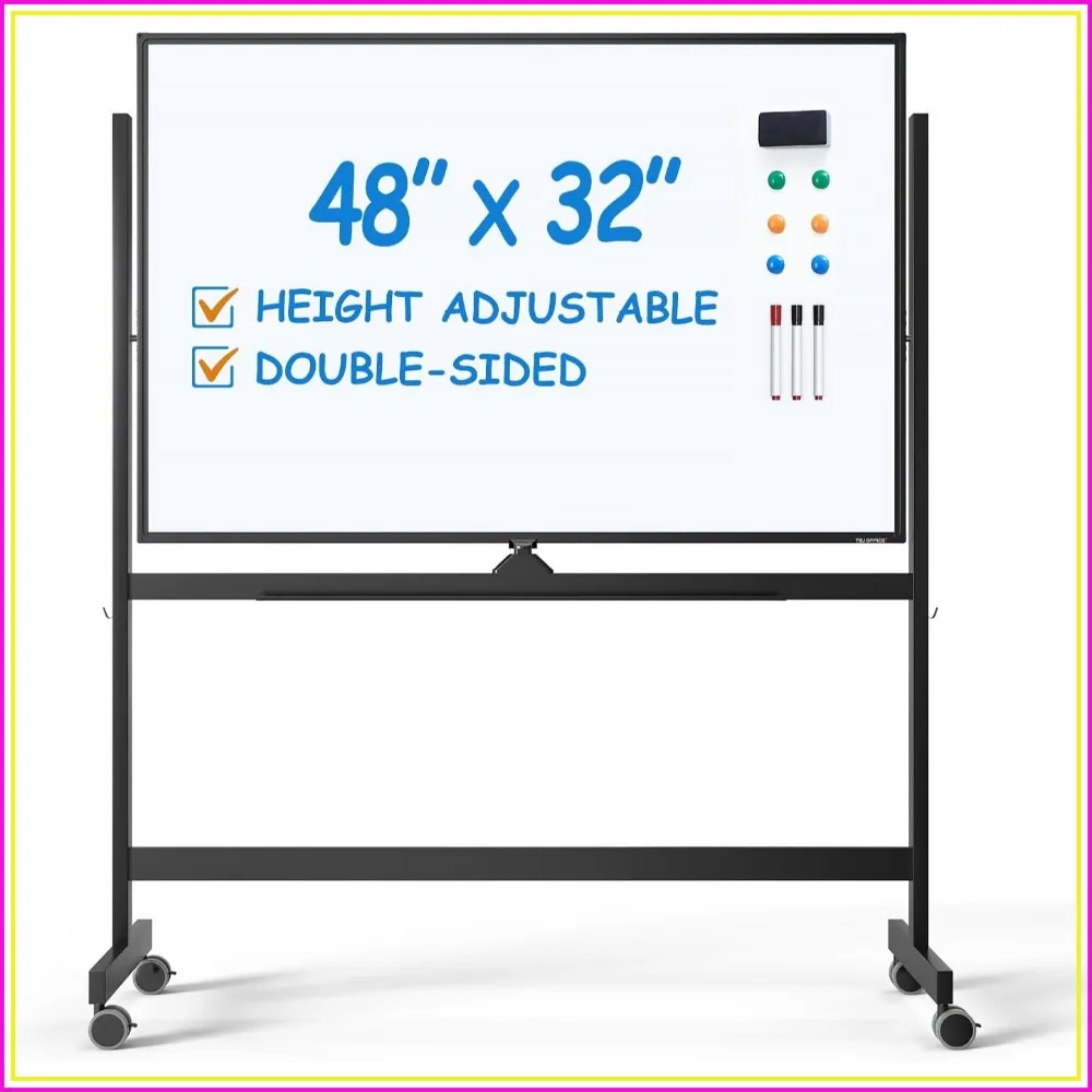 

Large Rolling Whiteboard 48x32 Inches, Height Adjustable Double Sided Magnetic Dry Erase Board on Wheels for Office, Home & Classroom