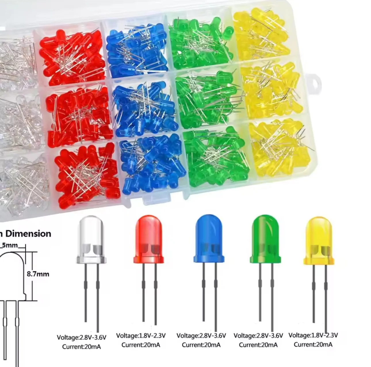 100 Stück/200 Stück 3 mm + 5 mm LED-Licht weiß gelb rot grün blau sortiertes Kit DIY LEDs Set elektronisch