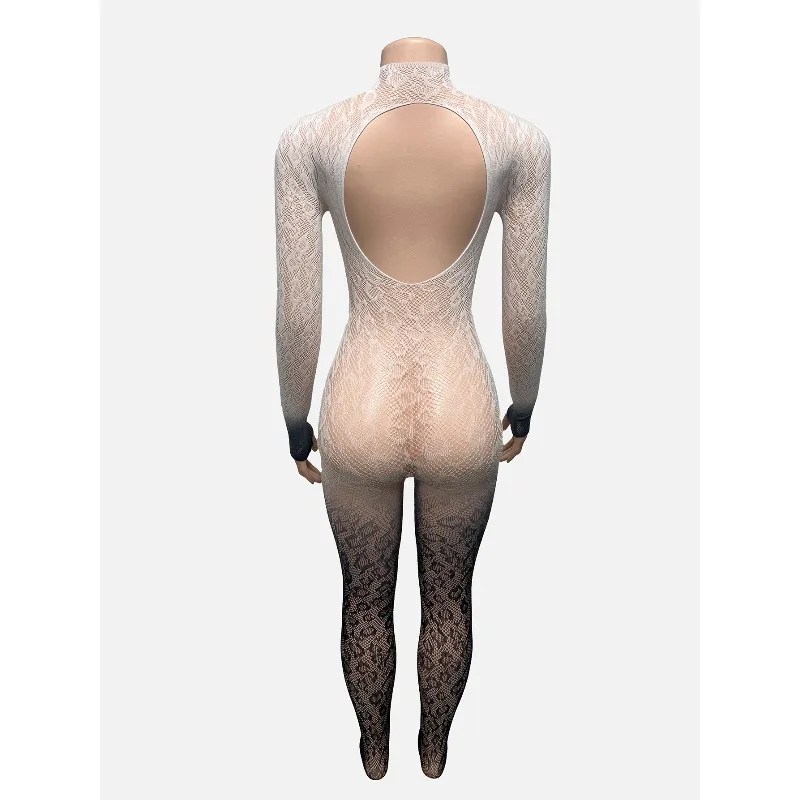 2025 가을 그라데이션 패치워크 백리스 니트 레이스 스키니 점프수트 여성 O넥 긴팔 섹시 스파이시 걸즈 클럽웨어 롬퍼