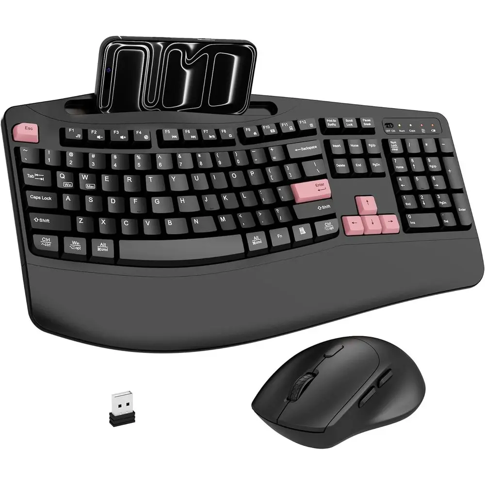 Full-Size Ergonomic 2.4G Wireless Keyboard with Wrist Rest and 3-Level DPI Silent Mouse, Holder Included, for Windows (Pink)