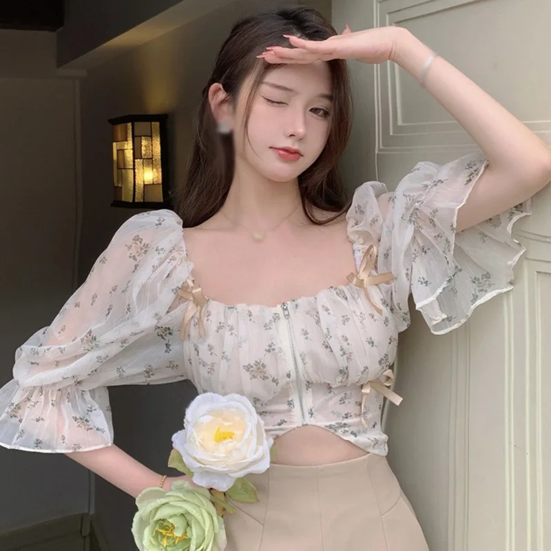 Floral Light Chiffon Shirt Blouse Women's Square Neck  See Through Bubble Sleeve Short Sleeve Bowknot Short Blouse Tops