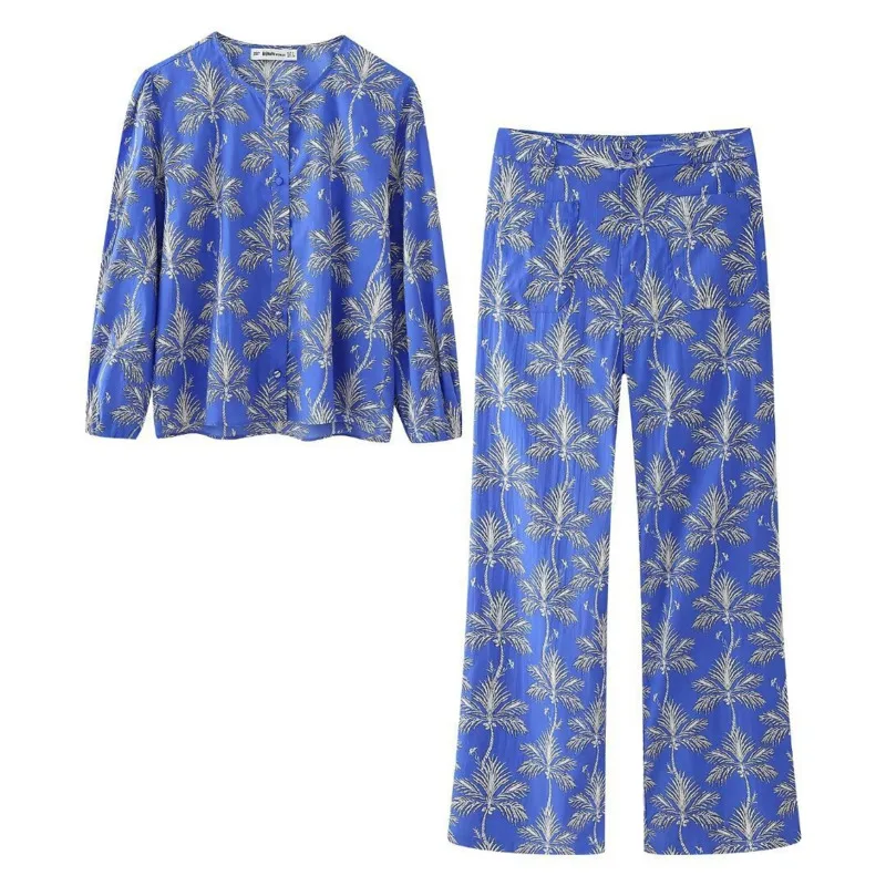 Blue Folower Print 2-teilige Sets Damen Vintage bedruckte V-Ausschnitt Langarm Top hoch tailliert elastisch weites Bein Freizeit hose Set