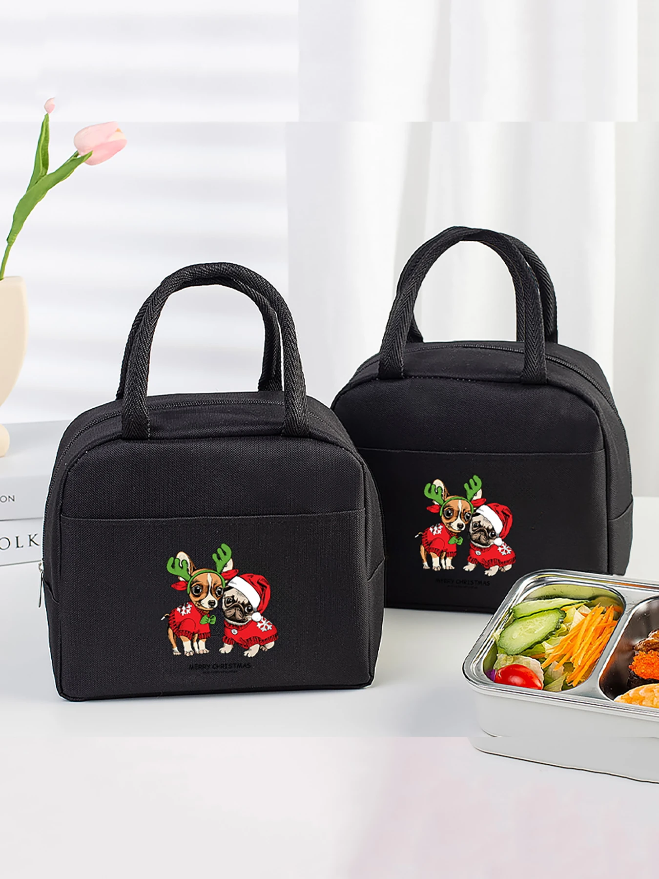 

Christmas Collection Pattern Nylon Large Capacity Insulated Bento Bag, Handbag, Outdoor Picnic Portable Insulated Bag