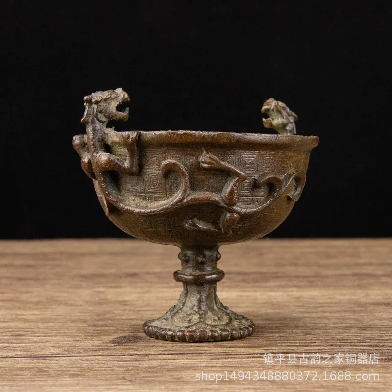 

Brass Double Dragon Ear Round Bottle Ornament Copper Set Wine Glass Office Living Room Shop Desktop Decoration