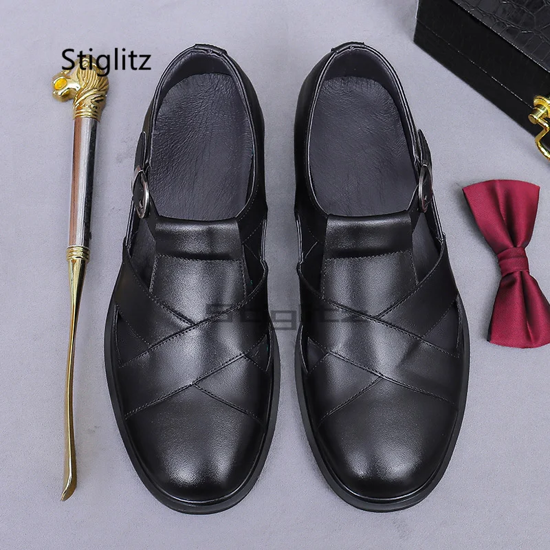 

Men's Business Genuine Leather Sandals Summer Hollow Roman Buckle Strap Breathable Comfortable Cowhide Casual Beach Shoes
