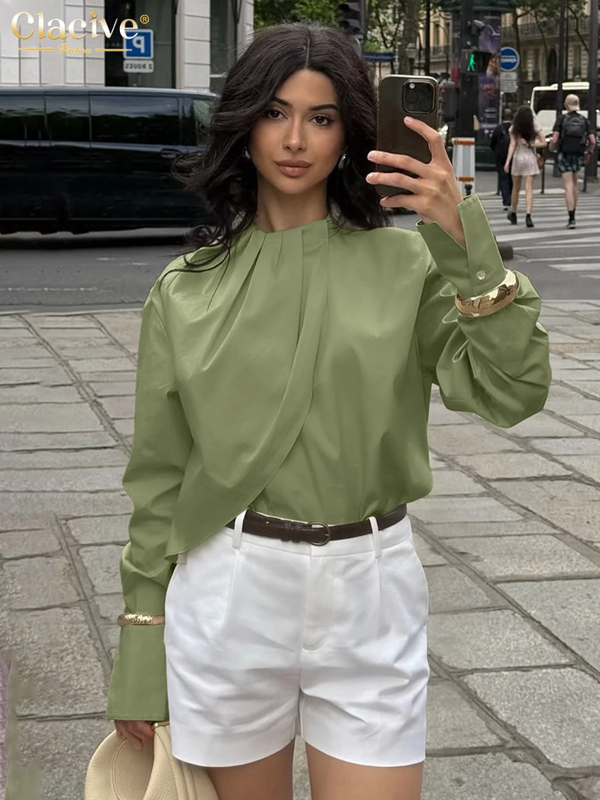 

Clacive Fashion Loose Green Cotton Women's Shirt 2025 Casual O-Neck Long Sleeve Shirts Elegant Classic Solid Top Female Clothing