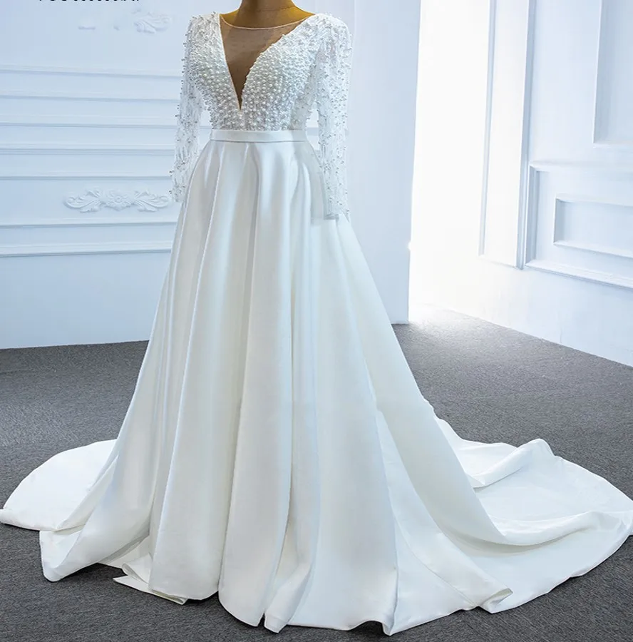 

2025 A-line Arabic Wedding Dress Exquisite Pearls Long Sleeve A Line Bridal Gowns V Neck Beads Corset Vestidos De Novia