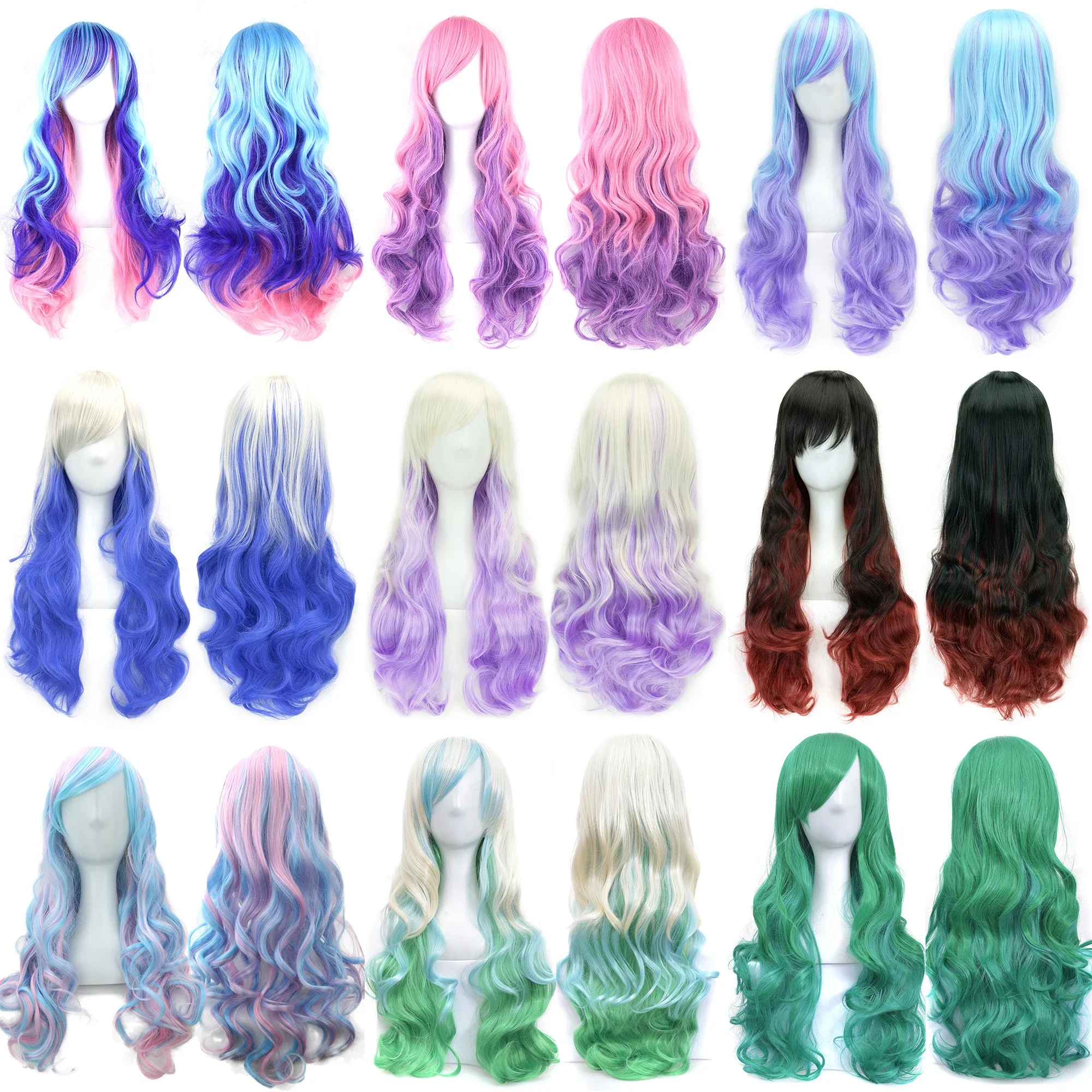 Pelucas de Cosplay de pelo sintético de 70cm de largo, rizado, rosa, azul, verde, colorido, fiesta completa