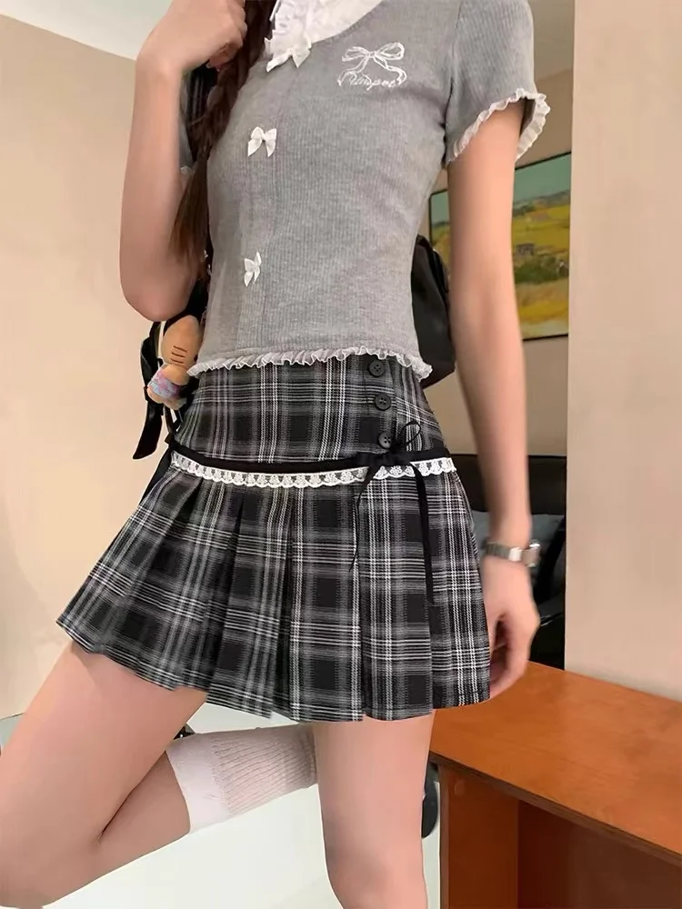 

Preppy Style Bows Plaid Mini Pleated Skirts Women's Korean Harajuku Mid Waist Lace A-line Skirt Summer Chic Kawaii Short Skirt