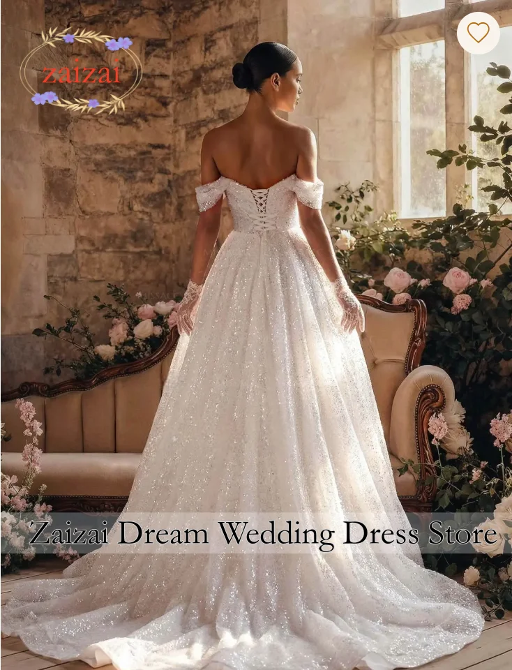 Customized Exquisite Off the Shoulder Wedding Dress Beaded A-Line Shiny Princess Bride Gown Party Vestido De Novia