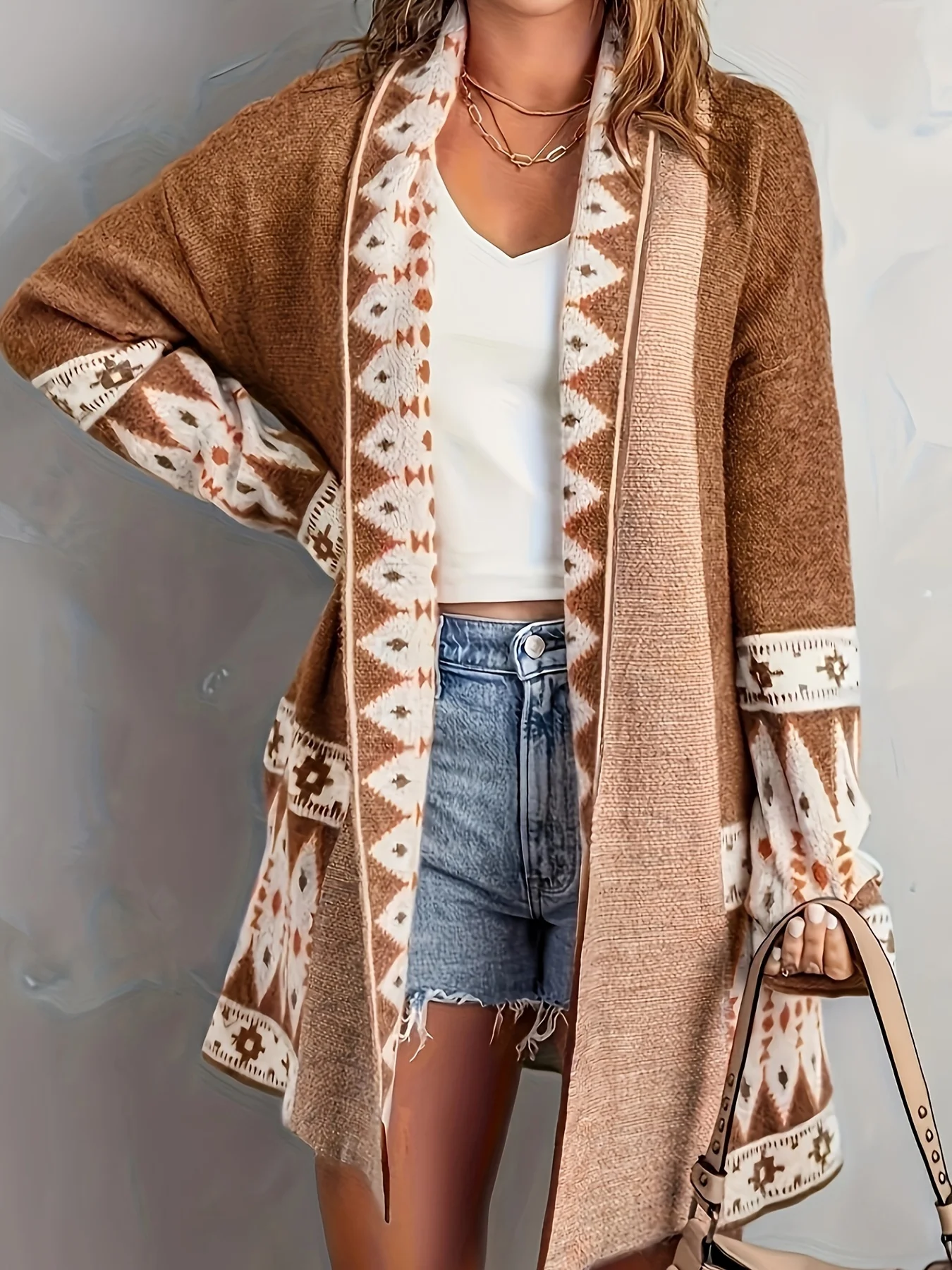 Maglione cardigan da donna, maglione cardigan con stampa geometrica Boho, giacca lavorata a maglia ampia di media lunghezza